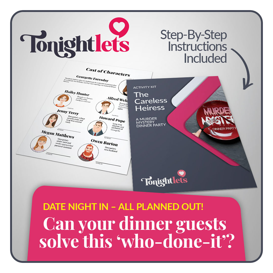 tonight_lets's tweet image. Why not make date night this week a group event? Invite some friends and host a murder mystery dinner party. #tonightlets #datenightathome #datenightin #dinnerparty #uniquedateideas