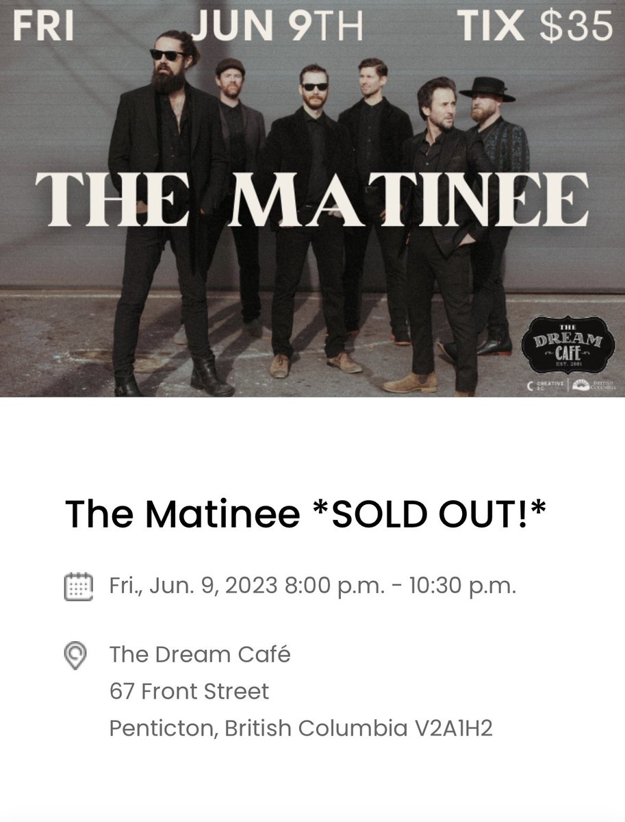 Penticton we’re coming for ya <a href="/DreamCafeMusic/">The Dream Cafe</a> Tomorrow night. 
Hope you got your tickets cause this baby is SOLD OUT!! 

#penticton <a href="/VisitPenticton/">Visit Penticton</a> @Move_971 <a href="/pentictonherald/">Penticton Herald</a>