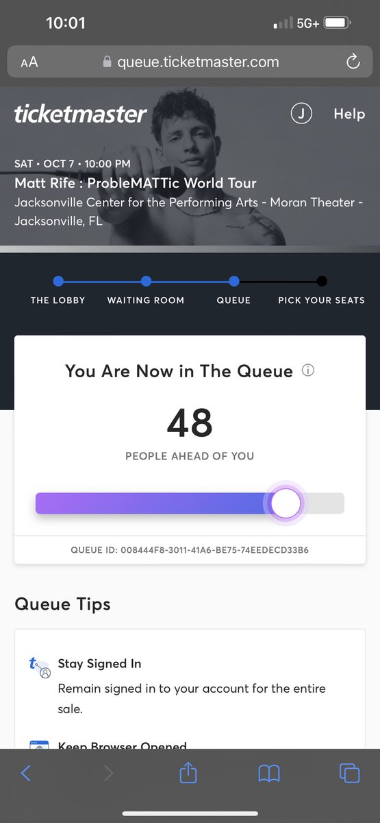 Jaguar_4_Life's tweet photo. In the queue early once again for @mattrife just to instantly be directed to tomorrows countdown page. Why even allow people to wait in a queue @Ticketmaster ?? This tour has become a resellers dream these prices are crazy. https://t.co/81JyVGFyX2