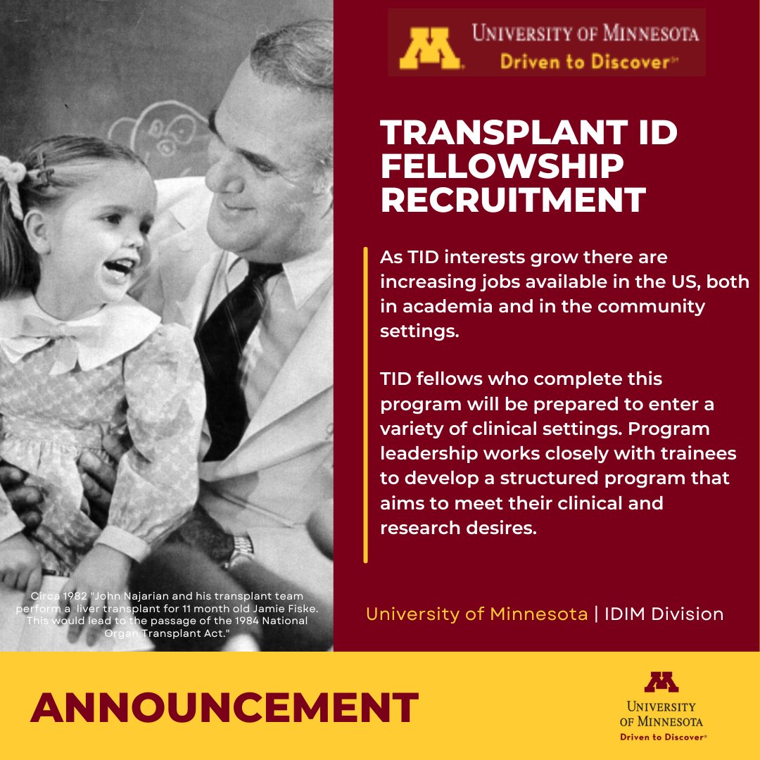 Join us! We have a Transplant ID fellowship spot open for the academic year 2024-2025. med.umn.edu/dom/education/…