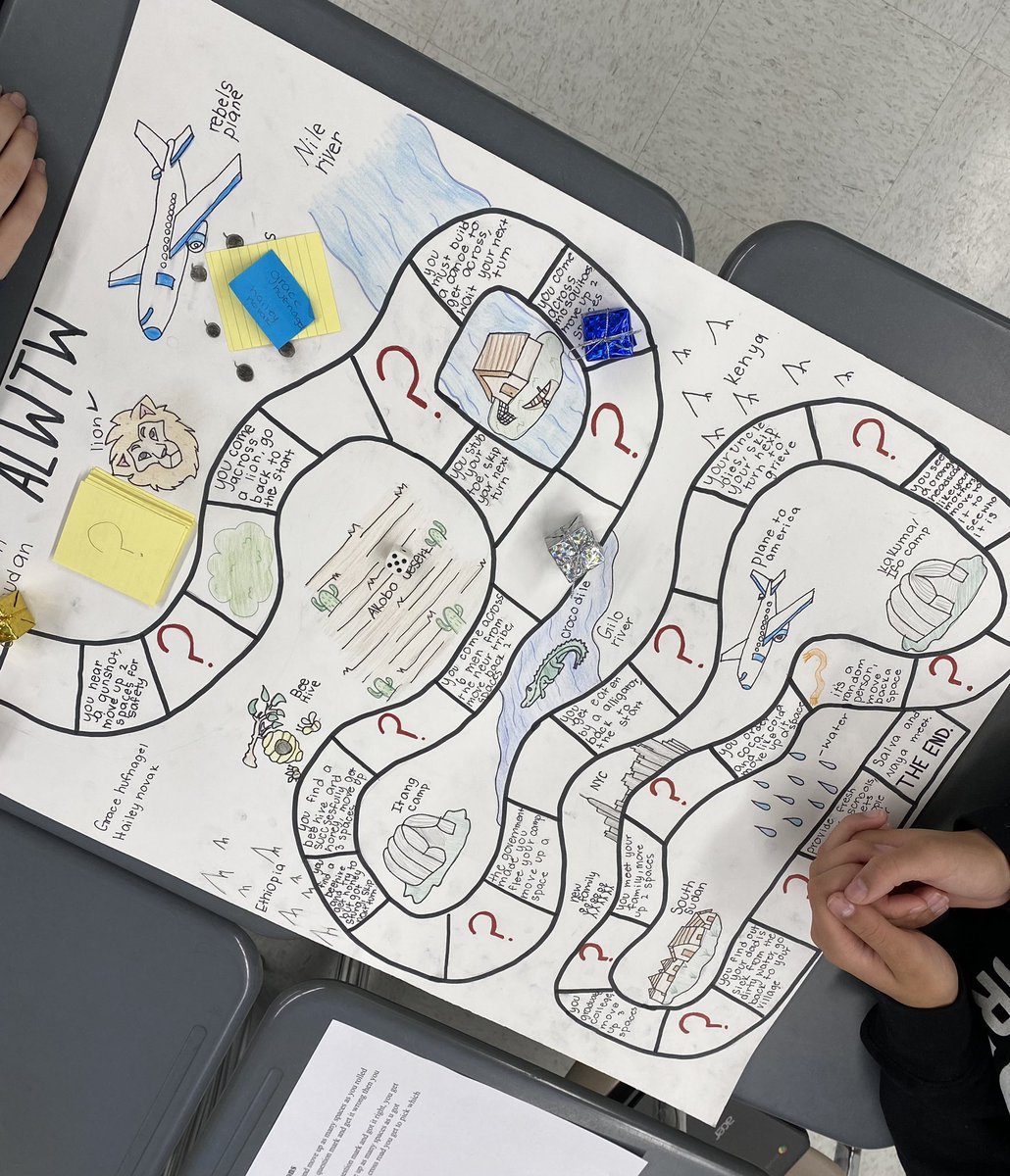 melissa_osmun's tweet photo. Students created strategic board games to plot the main character’s journey from A Long Walk to Water.  #thompsonmiddleschool https://t.co/2YQ1EbDTNT