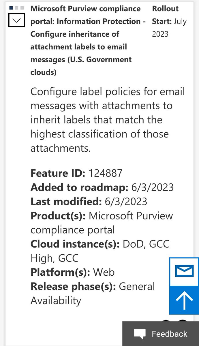 🆕 Microsoft Purview compliance portal: Information Protection - Configure inheritance of attachment labels to email messages (U.S. Government clouds)

Rollout Start: July 2023

For more: buff.ly/43r15Ft

#MicrosoftPurview