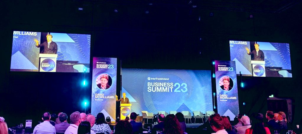 MorrowComms's tweet photo. Action packed day supporting @Inter_Trade on #ITIBizSummit23 Big thanks as always to our MC @BBCMarkSimpson and our fabulous speakers/ panellists including @davidmcw and @BrianODriscoll A day of great content and engagement for the large gathering @BelfastICC https://t.co/N7qvvhpzv7