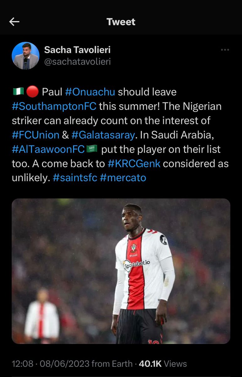 Super Eagles striker Paul Onuachu linked with a move away from relegated Southampton. 

FC Union Berlin, Galatasaray & Saudi Arabian side Al-Taawoun FC are interested in signing the 29yrs old according to journalist Sacha Tavolieri. 

#9jaFootballers