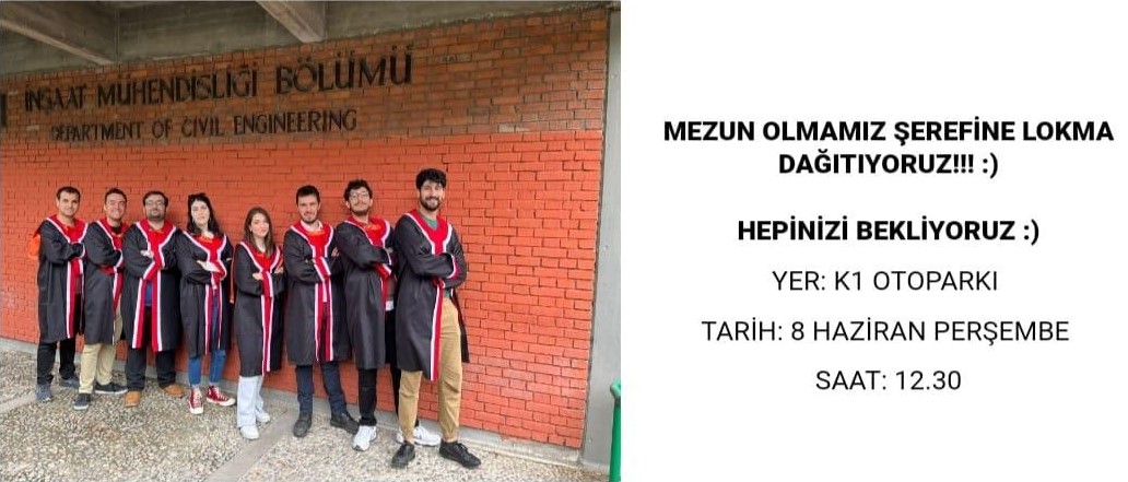 2023 ODTÜ İnşaat Mühendisliği Bölümü Lisans mezunu öğrencilerimiz 8 Haziran 2023 tarihinde Lokma döktürerek mezuniyetlerini kutlamışlardır!

Mezunlarımızı canı-ı gönülden kutluyoruz, yolları açık olsun... 👏🧿❤️🎊🎓