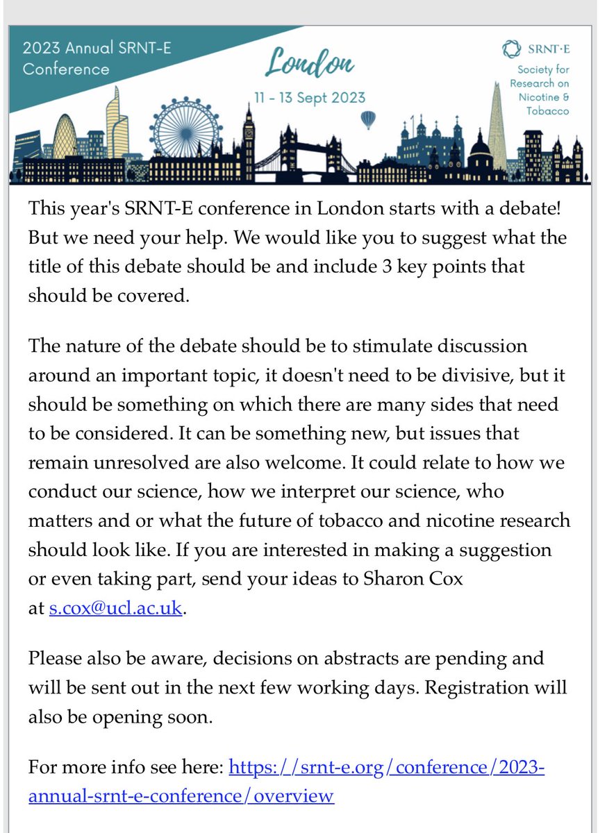 Sharon Cox (@sharon_acox) on Twitter photo 📣 See 👇🏼
This year’s <a href="/SRNT_Europe/">SRNT Europe</a> conference starts with a debate! Please send me your thoughts, this should include a title and 3 bullet points.
My email is below, ideas will be reviewed by the conference team 🙌🏼 📣 See 👇🏼
This year’s <a href="/SRNT_Europe/">SRNT Europe</a> conference starts with a debate! Please send me your thoughts, this should include a title and 3 bullet points.
My email is below, ideas will be reviewed by the conference team 🙌🏼
