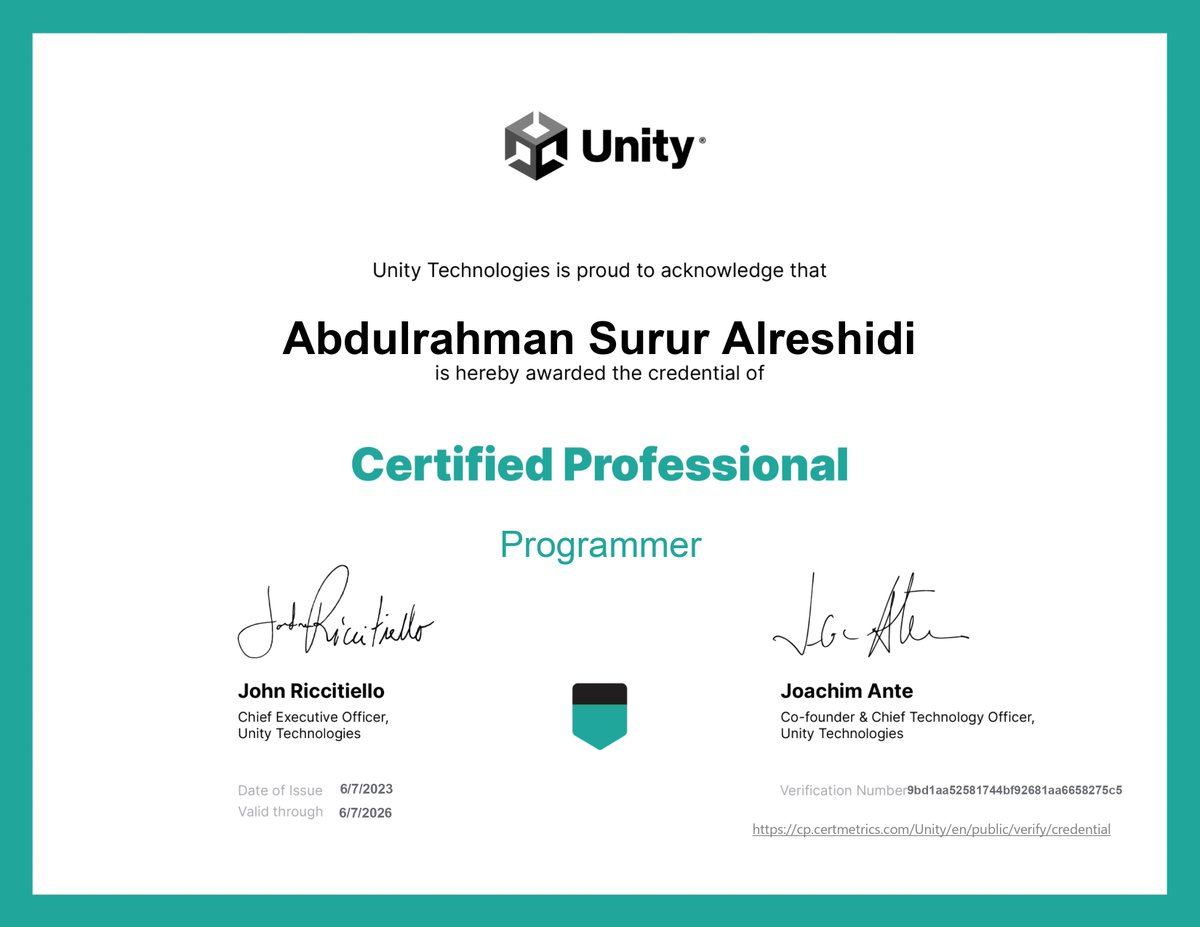 Happy to share that I passed the "Unity Certified Professional Programmer" exam, held by <a href="/unitygames/">Unity for Games</a> at <a href="/pearson/">Pearson</a> Test Center in Riyadh.
This achievement brings me immense joy and fuels my passion to further enhance my skills. Let's grow the game industry in Saudi Arabia together!