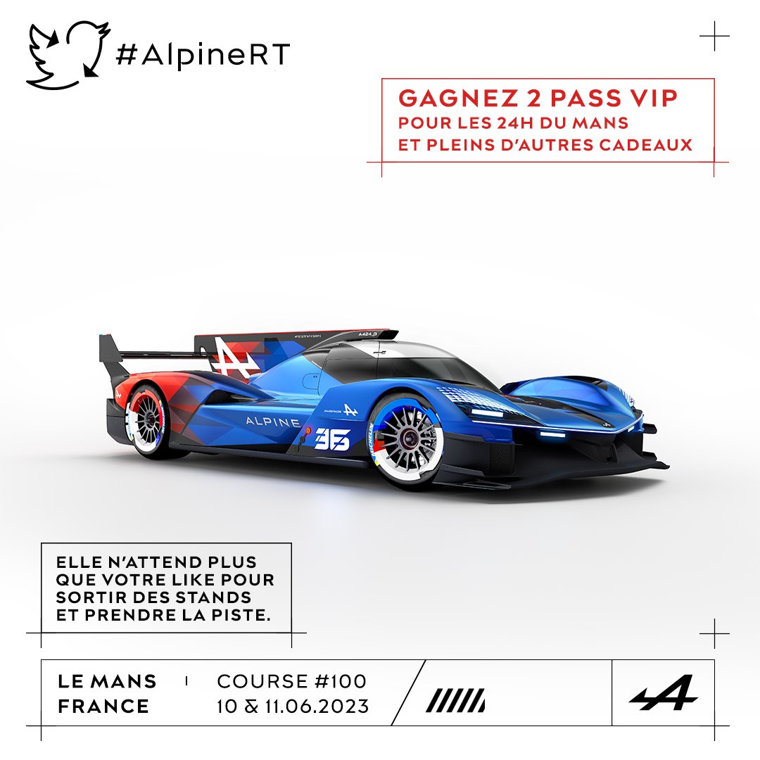 AlpineCarsFR's tweet image. Likez ce tweet ❤️ pour recevoir une notification demain à 16h et participer à #AlpineRT : les @24hoursoflemans 100% sur Twitter ! Le gagnant recevra 2 pass VIP pour l'édition 2024 ! Rendez-vous demain pour faire partie de la course ! 😉 #LMDh #WEC #AlpineRT