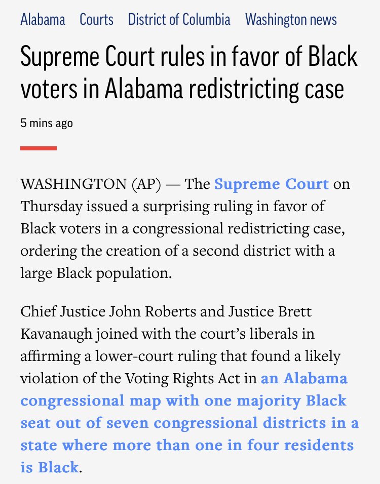 When Roberts and Kavanaugh join the more liberal Justices to rule against Alabama’s attempt to suppress Black representation, you know it was bad. It also illustrates how important voting-rights laws are. Vote Blue in 2024 if you don’t want your vote taken away!
#FreshVotesBlue