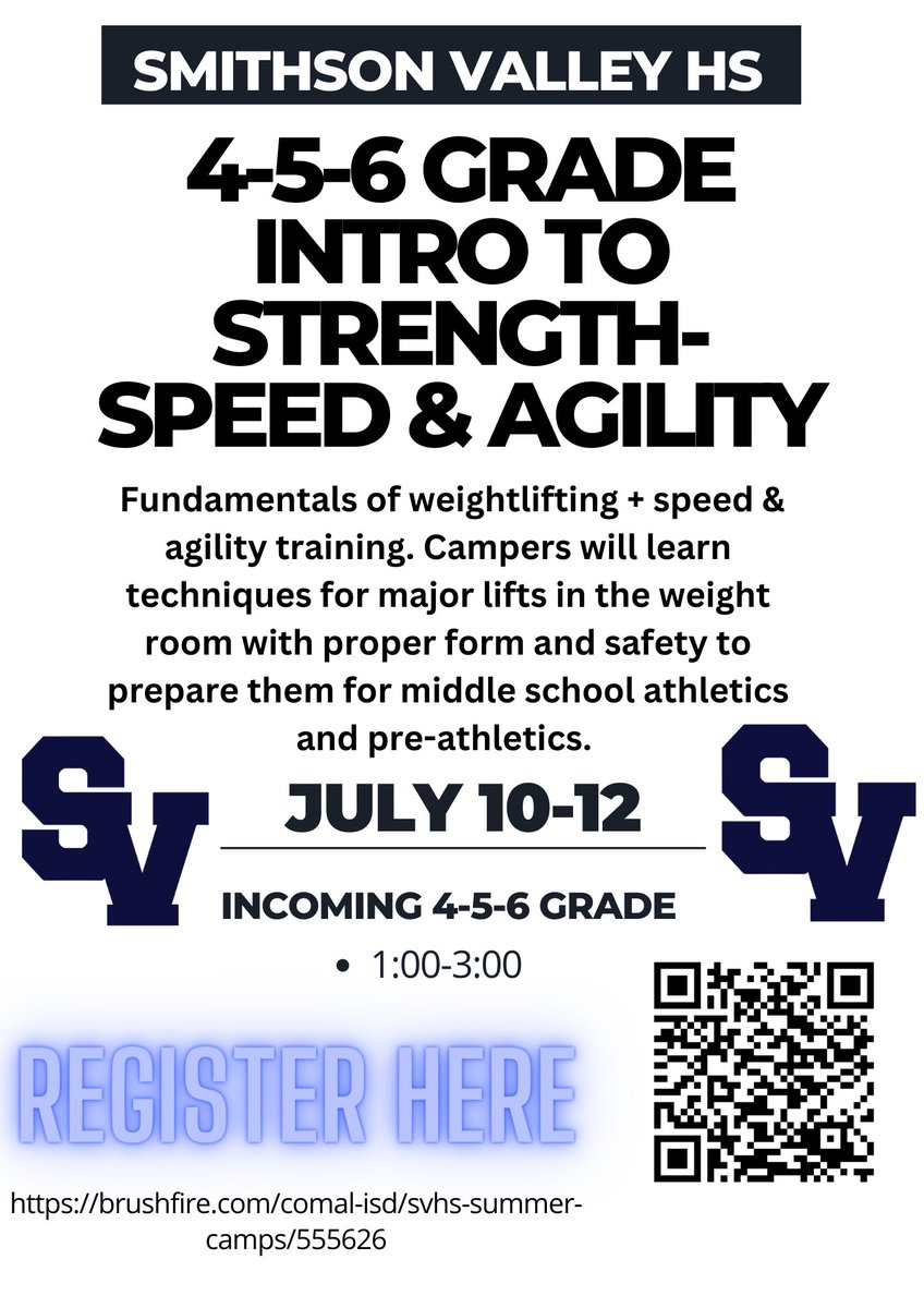 Intro to Strength and Speed! Incoming 4-6 graders will learn fundamentals in the weight room and speed-agility drills. 

All aspiring athletes welcome, boys and girls! 

July 10-12

Link to register: brushfire.com/comal-isd/svhs…