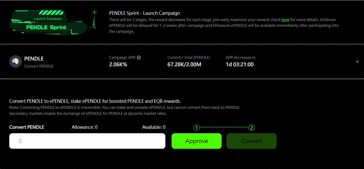 Equilibriafi's tweet photo. 2,000%+ APR awaits🚀!

$PENDLE Sprint Phase 2 is LIVE now. Convert PENDLE with a few clicks and you'll receive 1:1 ePENDLE and extra xEQB token rewards! Join at 🔗 https://t.co/2q6BjffCcS

Why xEQB token besides rewards? ⬇️ https://t.co/f6Yqg96TqZ