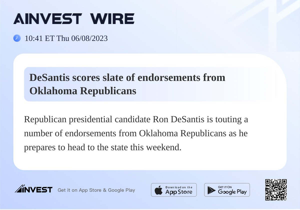 DeSantis scores slate of endorsements from Oklahoma Republicans
#AInvest #Ainvest_Wire #Election2022 #Midterms2022 #MidtermElections2022
View more: bit.ly/3X4l0XC