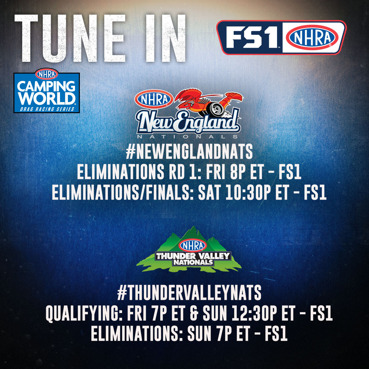 Everything you need to know for #NewEnglandNats eliminations and #ThunderValleyNats weekend coverage on FS1.