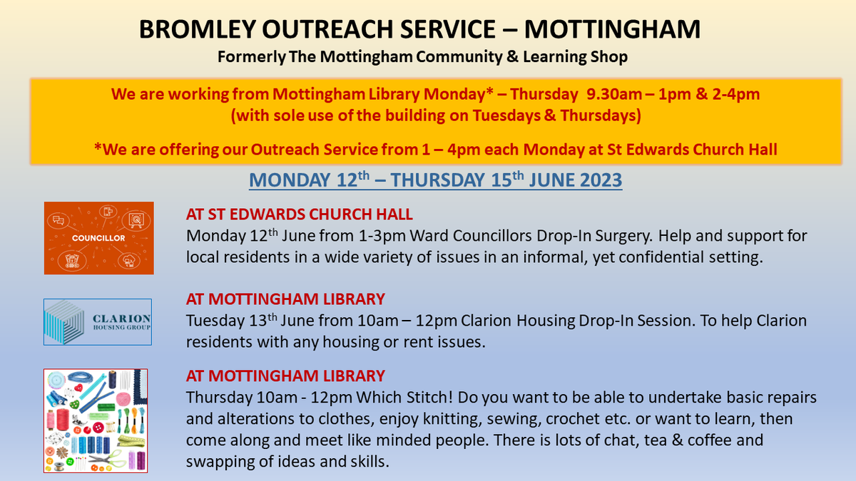 Details of drop-in surgeries and sessions available next week, including Mottingham Ward Councillors surgery at St Edwards Church Hall Mon 12th 1-3pm. @MBLR_Mott @devesian @BR7BR5BR1News @ClarionSupport #information #Advice #support
