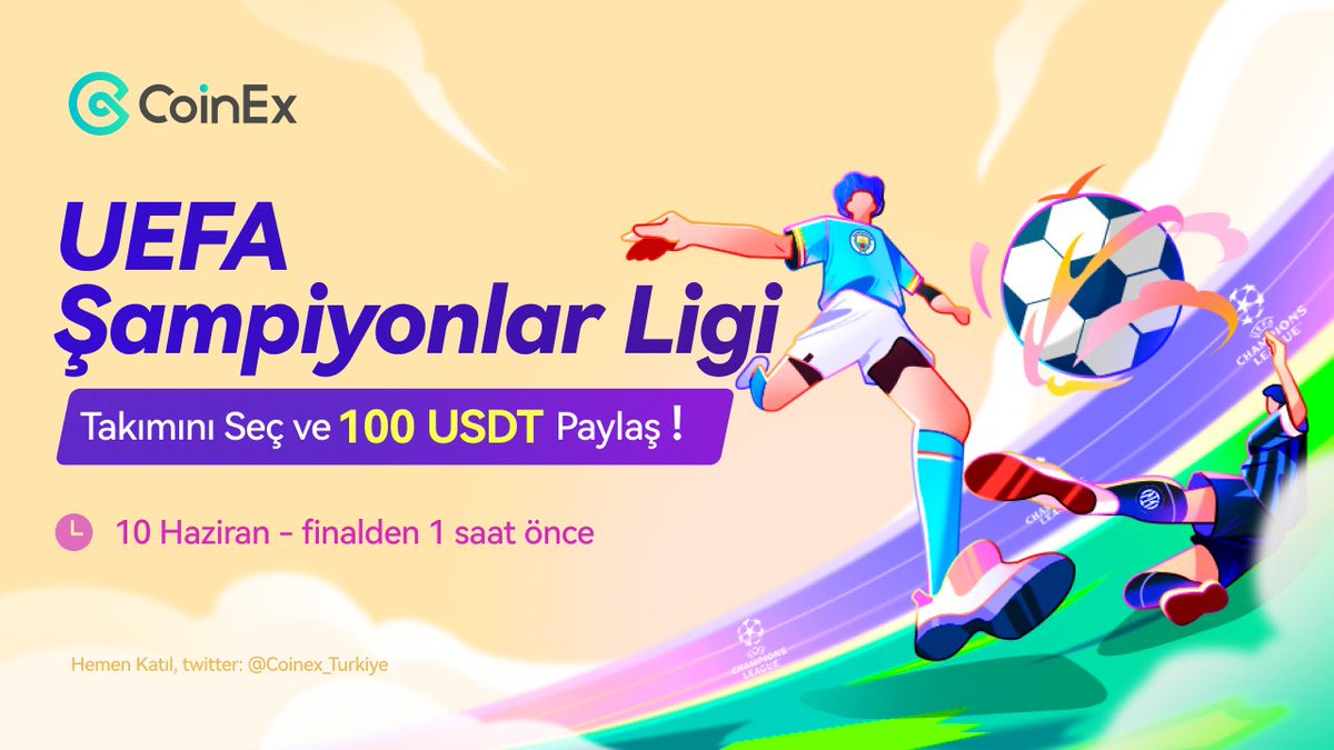 JCWeb3Growth's tweet photo. 🌃İyi akşamlar CoinEx Ailesi 😍

☄️#UEFA Final maçına yaklaşıyoruz😍
⚽️| Kazanan takımı tahmin et ve ödülü paylaşan 10 kişiden biri sen ol🫶🏻
🏆ManCity - Inter🏆

✅ Takip et @coinex_turkiye
📝 Takımın ismini yoruma yaz
🔁+#CoinExleUefa Etiketle

#CoinExTürkiye #CoinExlematch #borsa #uefachampionsleague #UCLfinal