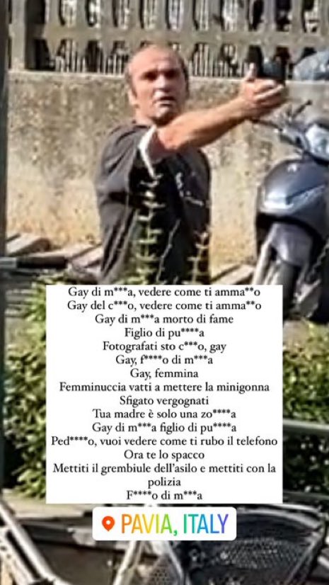 A proposito dell’aggressione omofoba a Pavia. L’aggressore spero sia individuato e punito secondo legge.

L’indifferenza delle altre persone però non mi stupisce e non credo proprio sia legato a omofobia. 
1/2