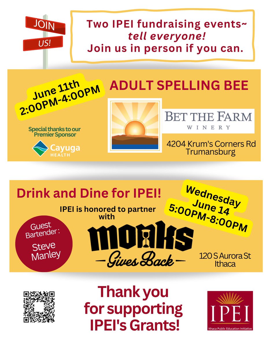 Up next~ two chances to support IPEI’s mission. Thanks for spreading the word!

#IthacaPEI #ipeispellingbee #adultspellingbee #monksgivesback #ithacaeats #educationgrants #ithacaschools #twithaca