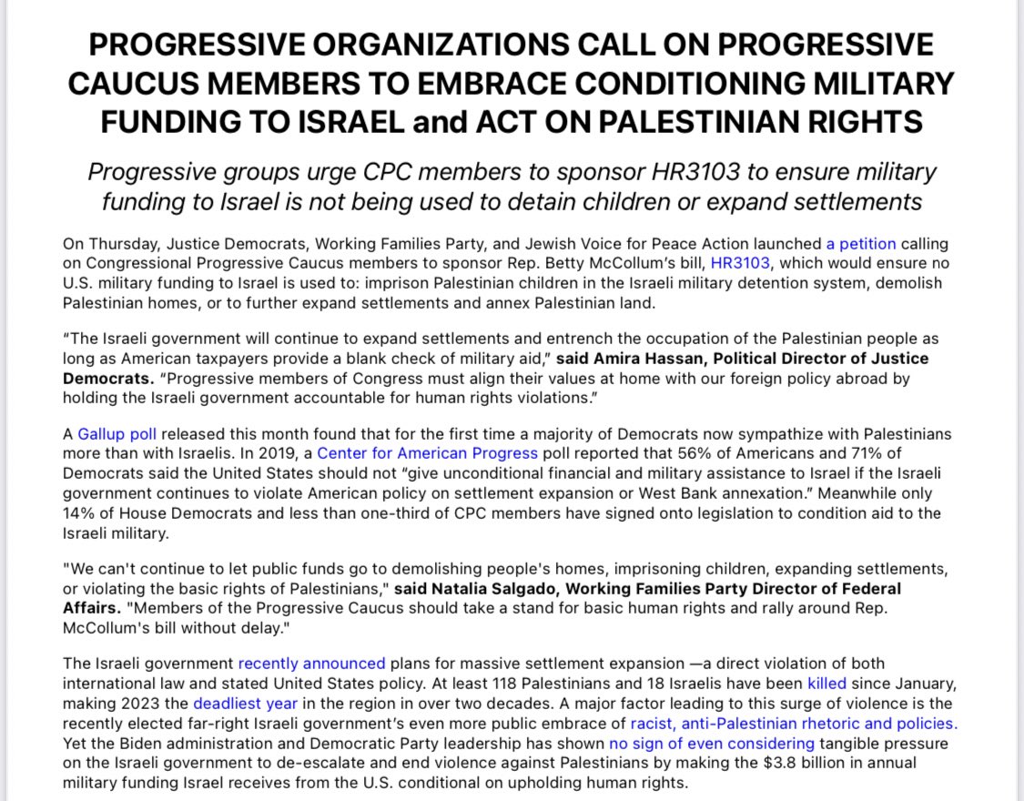jacobkornbluh's tweet photo. Inbox: Justice Dems, the Working Families Party and JVP Action issued an action alert calling on all members of the Congressional Progressive Caucus to support Rep. Betty McCollum’s bill to regulate U.S. military assistance to Israel, 

The bill has 24 Dem cosponsors https://t.co/DuGxHkb8lR