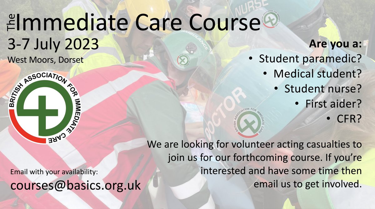 Great opportunity for folk in and around Bournemouth/Poole/Wimbourne /Ringwood area to get involved in our upcoming Immediate care course. No experience needed, just a willingness to join in the fun and learn at the same time. Email if you are interested to courses@basics.org.uk