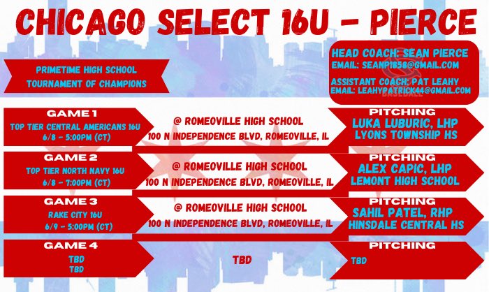 16U Pierce opening weekend schedule at @PerfectGameIL High School Tournament of Champions!