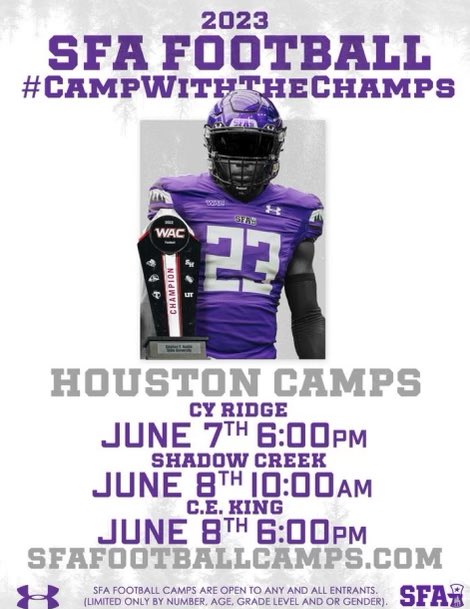 Can’t wait to compete today at the <a href="/SFA_Football/">Lumberjack Football</a> camp at C.E. King.  <a href="/Bryan_Hornsby/">Bryan Hornsby</a> <a href="/SamParker3271/">Sam Parker</a> <a href="/Football_TMHS/">TMHS Football</a> <a href="/CoachTrice8/">Marcus Trice</a>