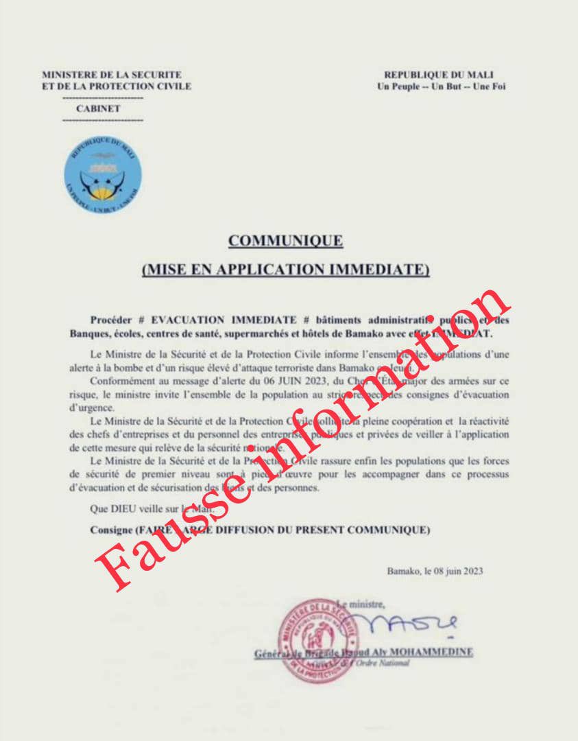 MohaMadSissoko1's tweet photo. #Mali : Cette alerte ne provient pas du ministère de la sécurité. C’est une fausse information !

#FAKENEWS https://t.co/pQ42My903O