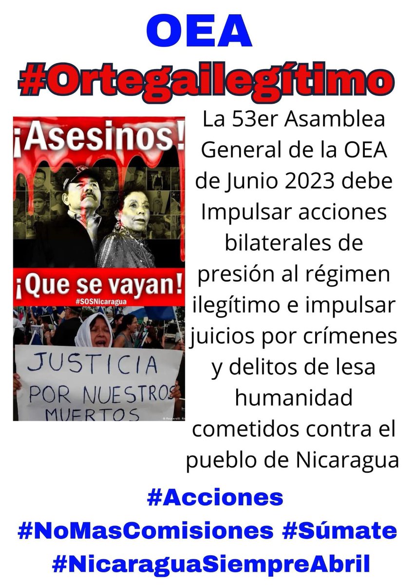 gbzambrana1981's tweet photo. #OrMur deben ser declarados #ilegítimos por la @OEA_oficial @Almagro_OEA2015 los nicaragüenses seguimos bajo persecución y asedio, el pueblo de Nicaragua 🇳🇮no reconoce a Daniel Ortega como presidente, es un criminal de lesa humanidad.
#Justicia
#Justicia https://t.co/GCJJE9NVWZ