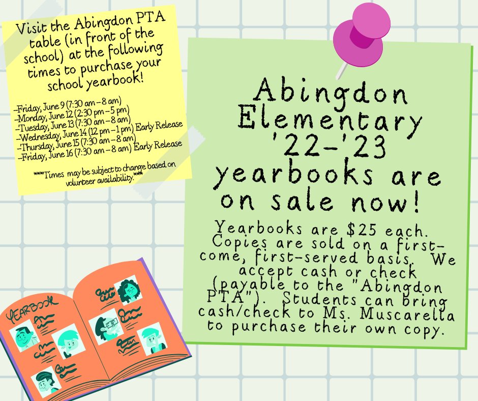 Get ready to purchase your Abingdon 2022-2023 yearbook!  Thank you to Ms. Muscarella for all of her hard work!  
.          .          .
¡Prepárese para comprar su anuario de Abingdon 2022-2023!  Gracias a la Sra. Muscarella por todo su arduo trabajo.