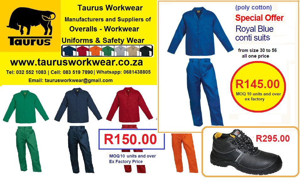 Taurus_Workwear's tweet photo. Taurus Workwear - Manufacturers and Suppliers of Workwear Overalls and Conti Work Suits

#Overalls #Workwear #Coveralls #Uniforms #Southafrica #Workclothing #Worksuits #PPE #Safetyboots #Safetywear #Tshirts #BRICS https://t.co/NKB7V5ifgJ