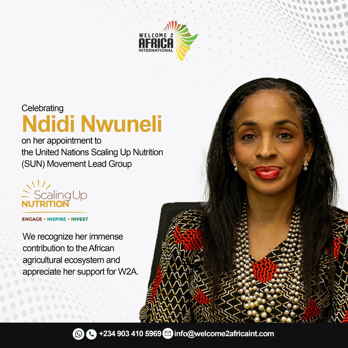 Congratulations to <a href="/ndidiNwuneli/">Ndidi Okonkwo Nwuneli</a> on her appointment to <a href="/UN/">United Nations</a> <a href="/SUN_Movement/">Scaling Up Nutrition (SUN) Movement</a> Lead Group!

Her involvement at the AICM Deal Room &amp; ongoing support for W2A reinforces her commitment to the African agricultural ecosystem.

We're confident in her expertise &amp; wish her the very best.
