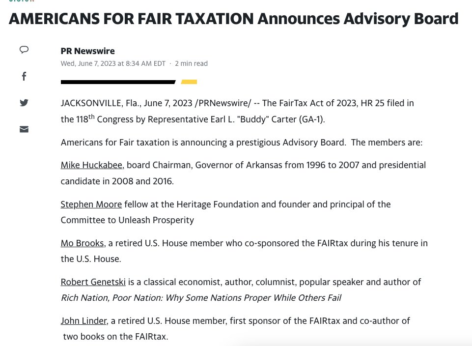 Our Team at @FlFairTax issued a press release announcing the new #FAIRtax Advisory Board. Please check it out finance.yahoo.com/news/americans…