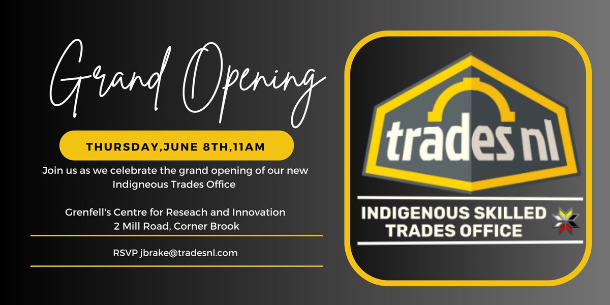 Exciting day - <a href="/Trades_NL/">Trades NL</a> will officially open a new Indigenous Skilled Trades <a href="/TradesNL_IO/">Trades NL: Indigenous Skilled Trades Office</a> Office in Corner Brook this AM.  Look forward to welcoming guests &amp; making it official. Lots of opportunities in front of us - we must ensure all r aware @ prepared to take advantage.