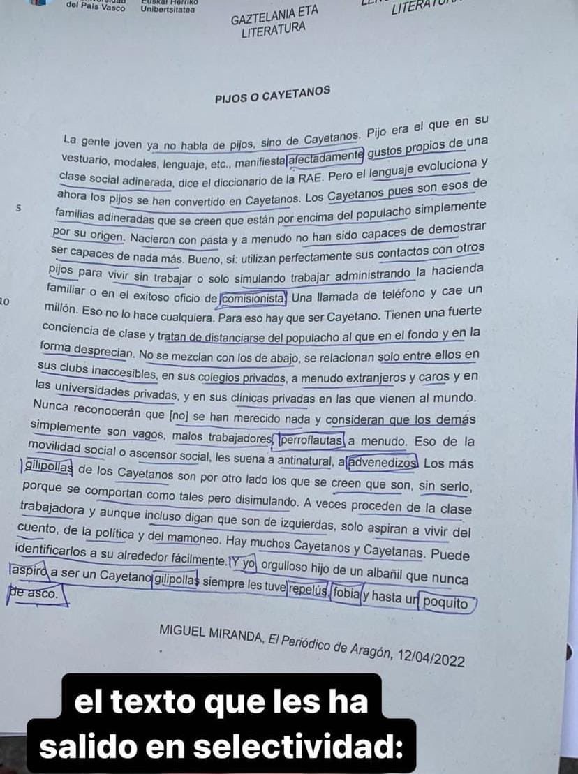 Texto que ha caído en la EBAU. Esta mañana.