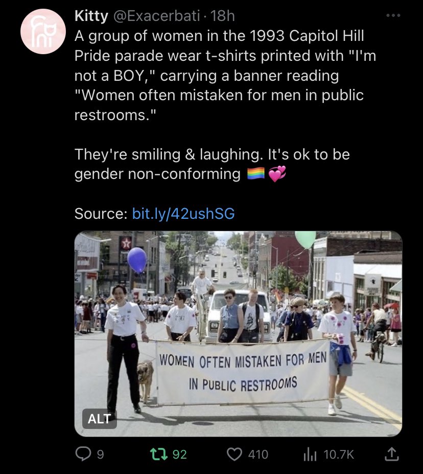 in under 30 years libfems undid all the work 2nd gen feminists, actual gender nonconformists and lesbians, fought so hard to accomplish. the basic reality that women wearing pants doesn’t make them any less female. if this doesn’t make you wanna run into the ocean idk what will