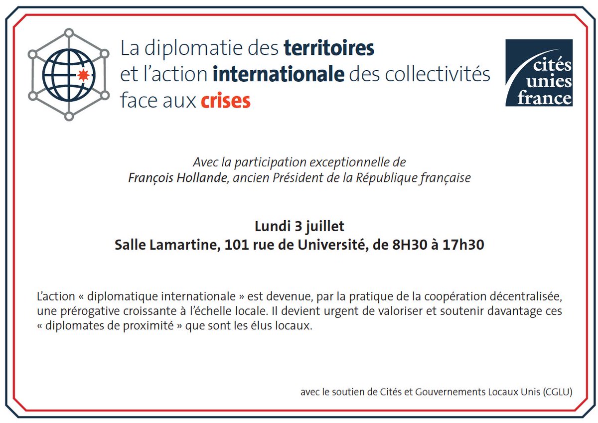 📢<a href="/CitesUniesFR/">Cités Unies France</a> vous invite à son colloque exceptionnel le 3 juillet !
Intitulée "La diplomatie des territoires et l'action internationale des collectivités face aux crises", cette journée verra se succéder plusieurs  tables rondes
Avec <a href="/fhollande/">François Hollande</a>
Infos 👉rb.gy/037vs