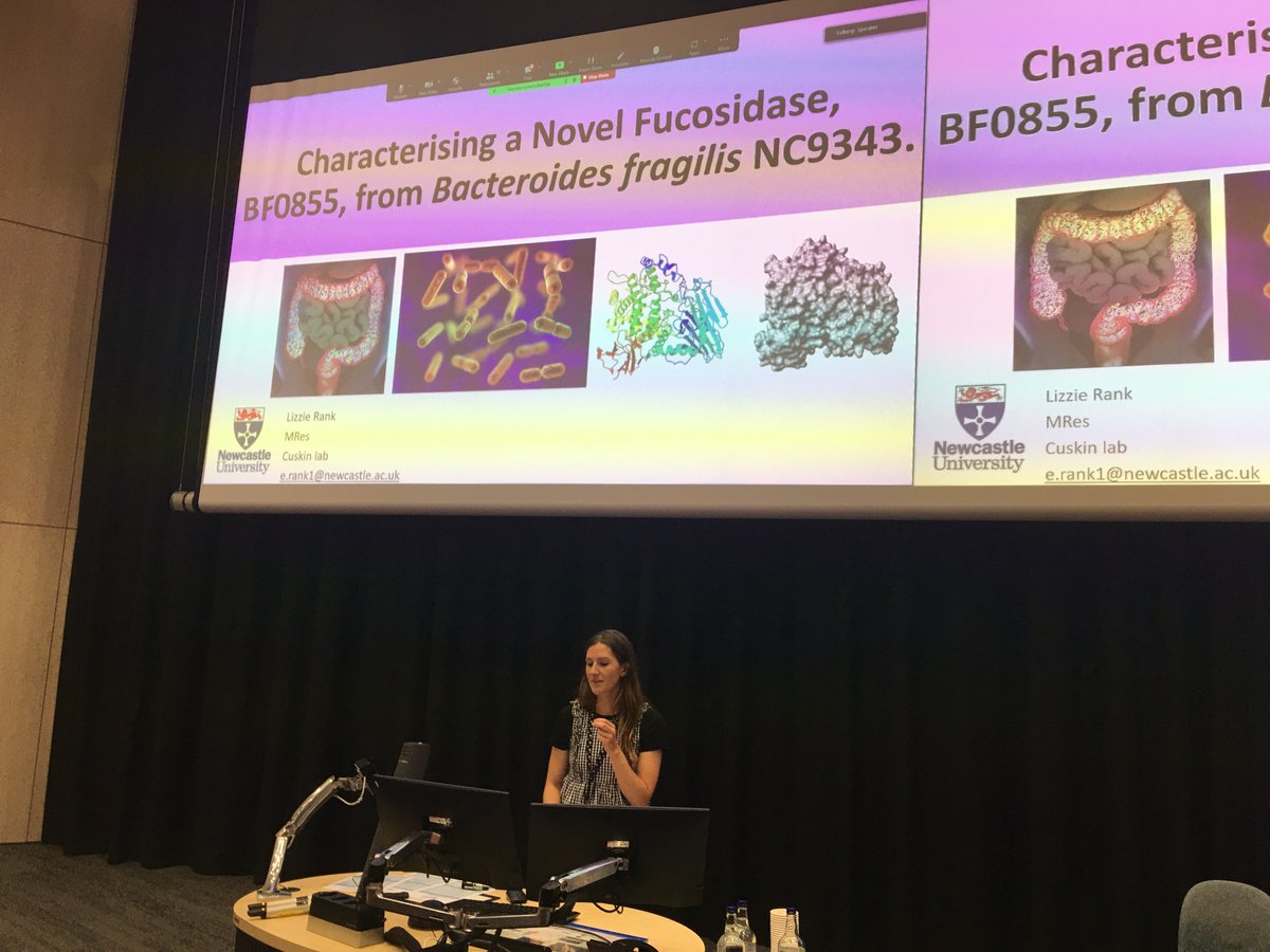 lizzie_rank's tweet photo. Today I gave my first talk at #SNESfest, a nerve wracking but great experience to talk about my MRes project where I have characterised a novel fucosidase enzyme from gut Bacteroides. https://t.co/QtHLVYPFP3