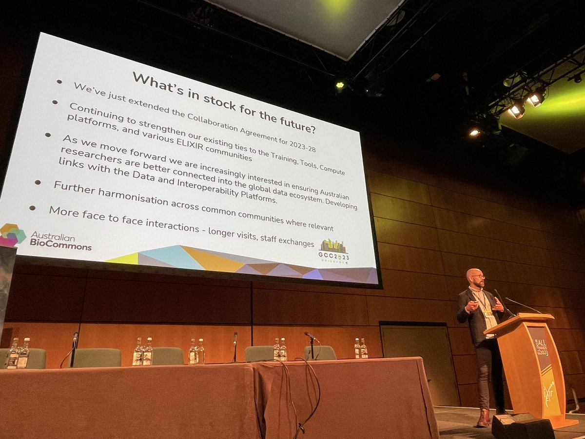 SusannaASansone's tweet photo. #ELIXIR23 Jeff Christiansen: on @AusBiocommons &amp; collaboration with ELIXIR to explore synergy; some in progress (eg #BioHackathons; code share with #TeSS;  #Galaxy; #WorkflowHub; #RDA WG) others planned, incl links with interoperability platform. Looking fw to the collaboration! https://t.co/WN0rFwHy5S