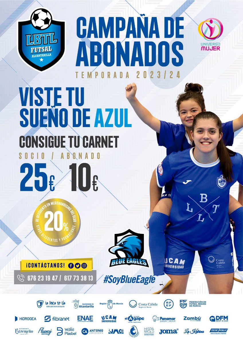 LBTLFutsal's tweet photo. [CAMPAÑA DE ABONADOS]

Esta temporada te lo ponemos un poco más fácil, puedes hacerte socio o abonado…tú eliges😉

Somos La Boca Te Lia Futsal Alcantarilla💪🏾🔵⚽️

#blueeagles #furiaazul #mareaazul #universomujer https://t.co/rJzL1BTyJ5