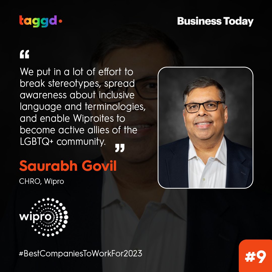 _taggd's tweet image. Wipro is setting the bar high in Taggd-Business Today #BestCompaniesToWorkFor2023. Saurabh Govil, shares insights on initiatives Wipro is taking to ensure an open-minded and diverse workforce. Read more here: bit.ly/3mArjW2

#pridemonth #lgbtq #pride2023 #diversity #Jobs