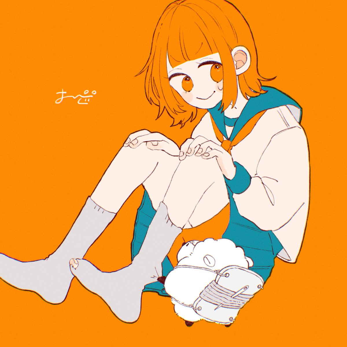 1girl solo socks orange background skirt orange hair sailor collar  illustration images