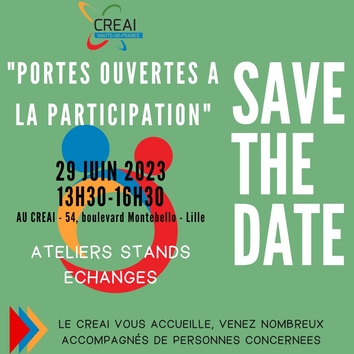 📢 Le CREAI Hauts-de-France organise des Portes Ouvertes à la participation.
📆 Le 29 juin de 13h30 à 16h30.
🗺 54 boulevard Montebello, Lille

🙂 Nous vous attendons nombreux !