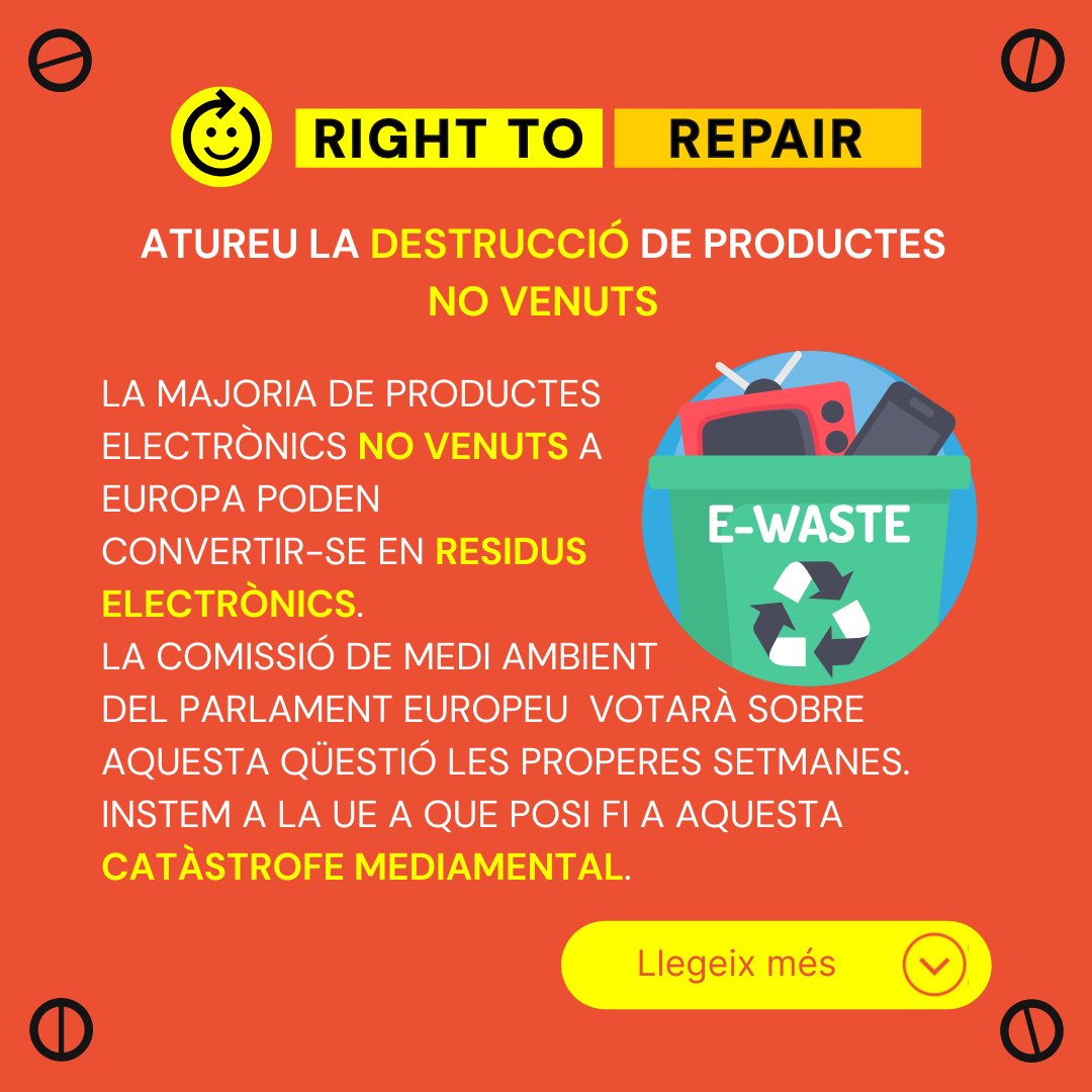 SETEM Catalunya (@setemcat) on Twitter photo ✊📩 Ens sumem a la carta de <a href="/R2REurope/">Right to Repair Europe</a> dirigida als parlamentaris europeus per demanar que la nova Regulació europea d’Ecodiseny per Productes Sostenibles prohibeixi la destrucció de productes no venuts.
✍️ ja.cat/KPNId ✊📩 Ens sumem a la carta de <a href="/R2REurope/">Right to Repair Europe</a> dirigida als parlamentaris europeus per demanar que la nova Regulació europea d’Ecodiseny per Productes Sostenibles prohibeixi la destrucció de productes no venuts.
✍️ ja.cat/KPNId