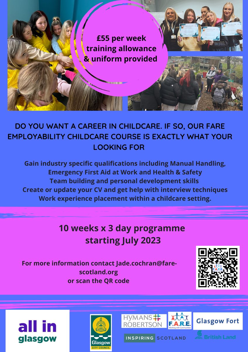 FARE  childcare will be holding a recruitment day on Friday, 16th June for anyone interested in joining the 10 week programme. 
 
The event will run from 1 pm - 3 pm where you can get info, help signing up and ask any questions you may have.
@FARE_Scotland 
#GGPartnerships