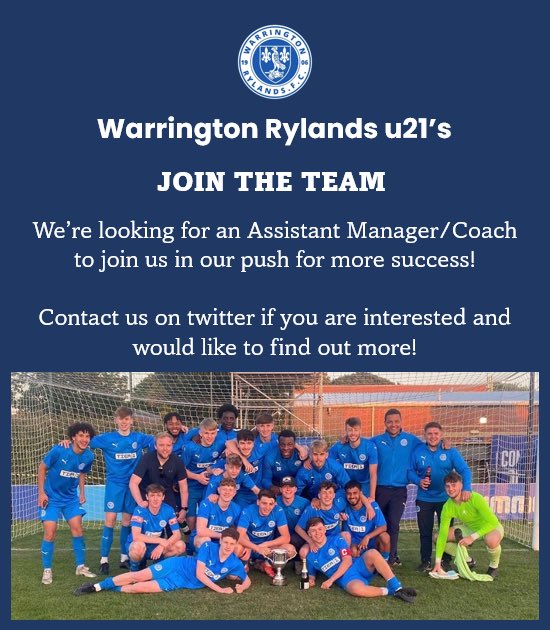 Fantastic opportunity for someone who is looking to develop and progress as a manager &amp; coach.

Great bunch of lads who have ambition for more success!