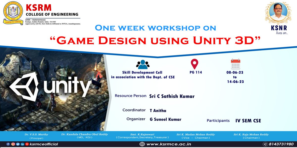 ksrmceofficial's tweet photo. S D Cell in association with the department of CSE is organising a one week workshop on Game design using Unity 3D from 8 - 14, June 2023

#skilldevelopmentcell #ksrmcse #ksrmskilldevelopmentcell #KSRM #ksrmce #kandulagroups #engineering  #jntua #AICTE #aishe #IntiativesofMHRD https://t.co/ZHw8up58Om