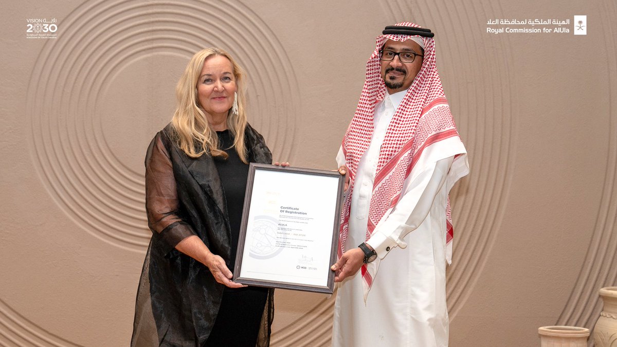 RCU_SA's tweet photo. Quality of life and #AlUla’s sustainability as a county sit at the heart of our regeneration and development. In line with our commitment, @RCU_SA has been awarded ISO 37120 Gold Accreditation by @WCCityData for best practices in managing AlUla Governorate. https://t.co/gnQrm15t6y