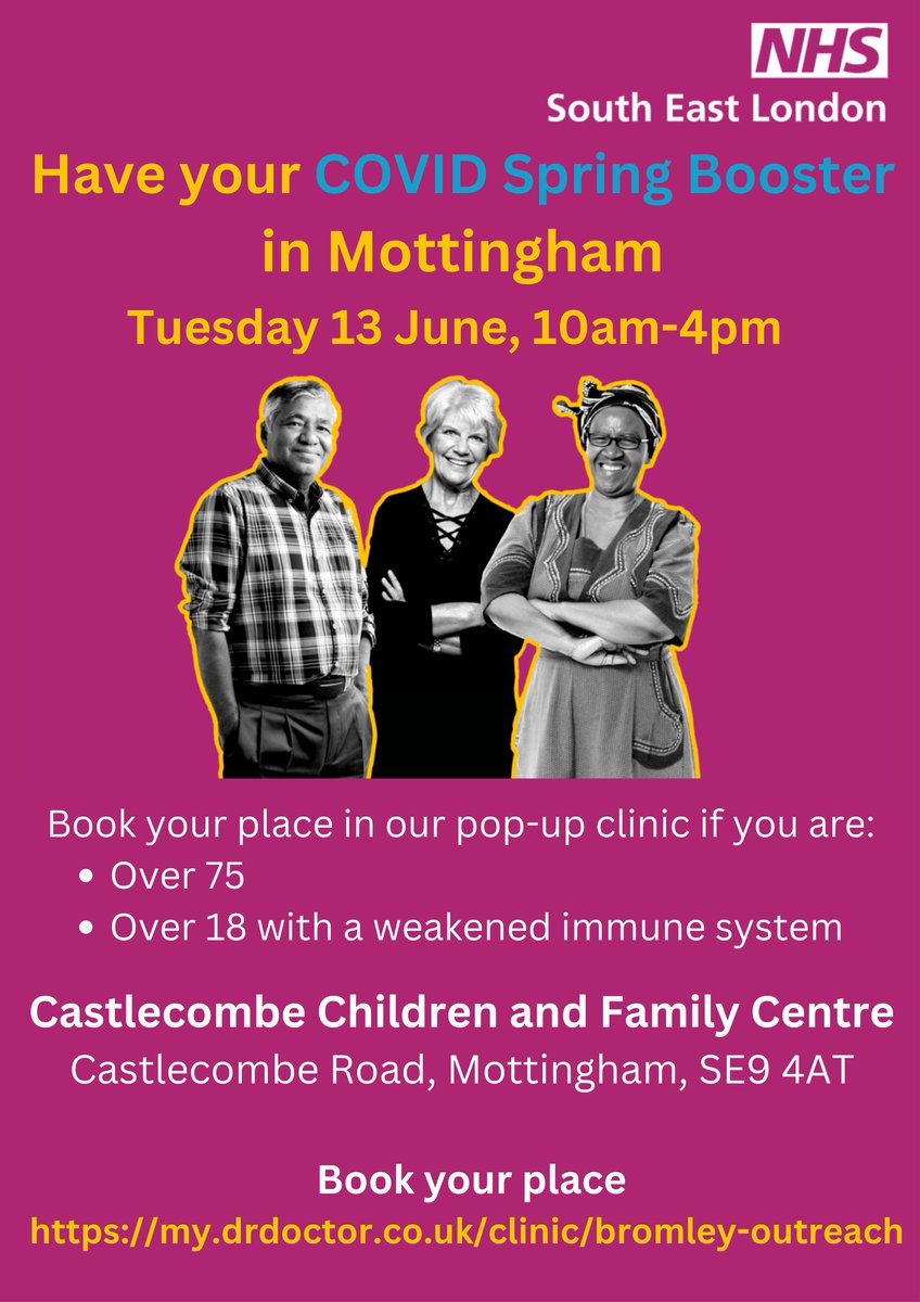 #Mottingham don't miss your #COVID #SpringBooster protection. There are appointments for our pop-clinic on Tuesday 13 June. Book if you are over 75 or 18-74 with a weakened immune system. my.drdoctor.co.uk/clinic/bromley…… @MBLR_Mott @MCNwardteam @BR7BR5BR1News @LinksMedicalPr