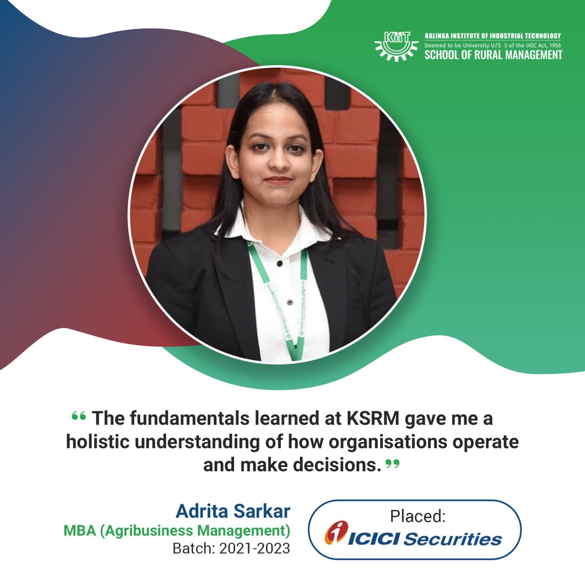 KSRM has consistently attempted to create possibilities for academics and industry to collaborate through various means.

We congratulate Adrita Sarkar for her success!

#ksrmbbsr #ABM #RM #MBA #placement #bestcollege #icicisecurities #placement #bbsr #odisha
