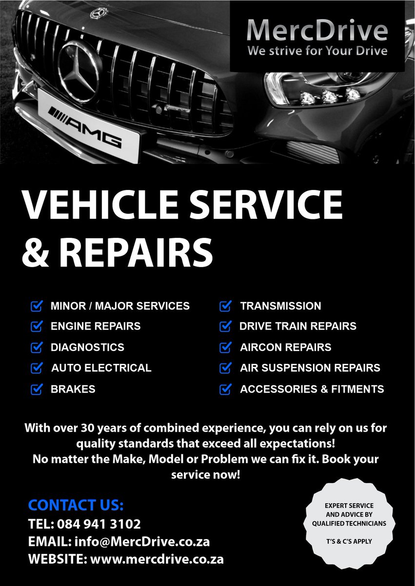 Book your minor/major car service now at one of our 3 branches in Gauteng. All major vehicle brands welcome. 

084 941 3102
Info@mercdrive.co.za

#vehicleservice #gautengcarservice #maintenance #mechanic #carworkshop #mercdrivesa #mercdrive #mercedescarservice #mercedesbenz