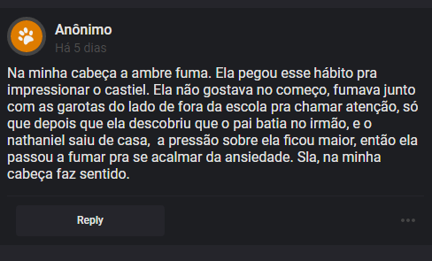 ambythinker's tweet photo. Não sei opinar sobre, só consigo imaginar Ambre e Castiel dividindo um cigarro https://t.co/gP07fKpVHr